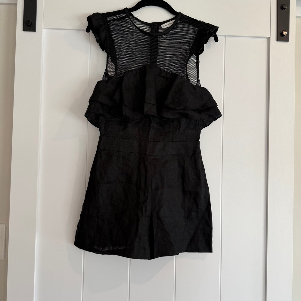NWT KARINA GRIMALDI Ruffle Mesh‎ Top Black Arena Linen Romper